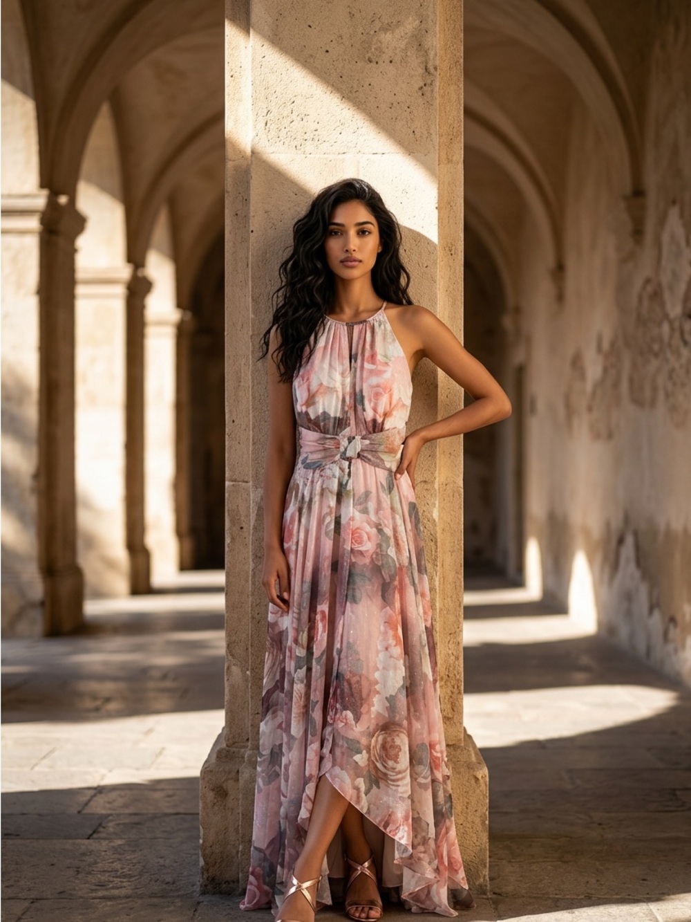 R&M Richards Dusty Rose Floral High-Low Halter Gown